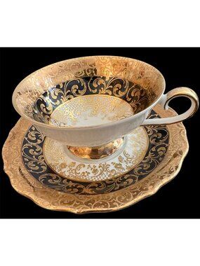 VTG Eberthal Tea Cup Saucer Set Black Metallic Gold Gilt Bavaria